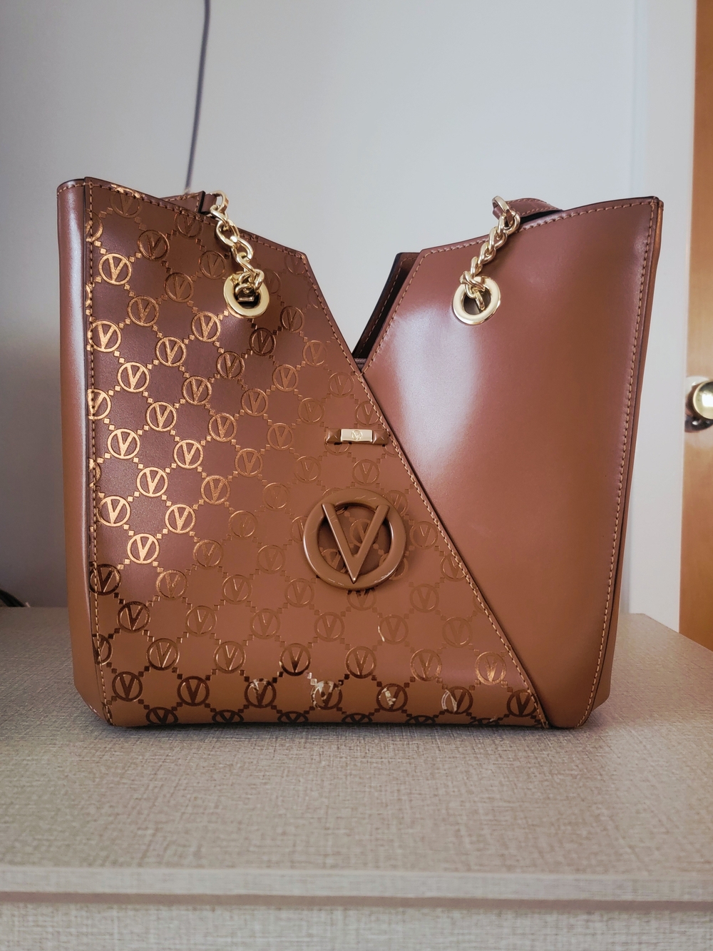 Mario Valentino Cognac Leather Asymmetrical V Monogram Tote Bag - Flawed